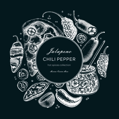 Mexican cuisine menu design. Ripe jalapeno chili pepper sketches. Hot spices wreath on chalkboard. Vegetarian, healthy food hand drawn vector illustration. Jalapeno with slices and seeds for packaging